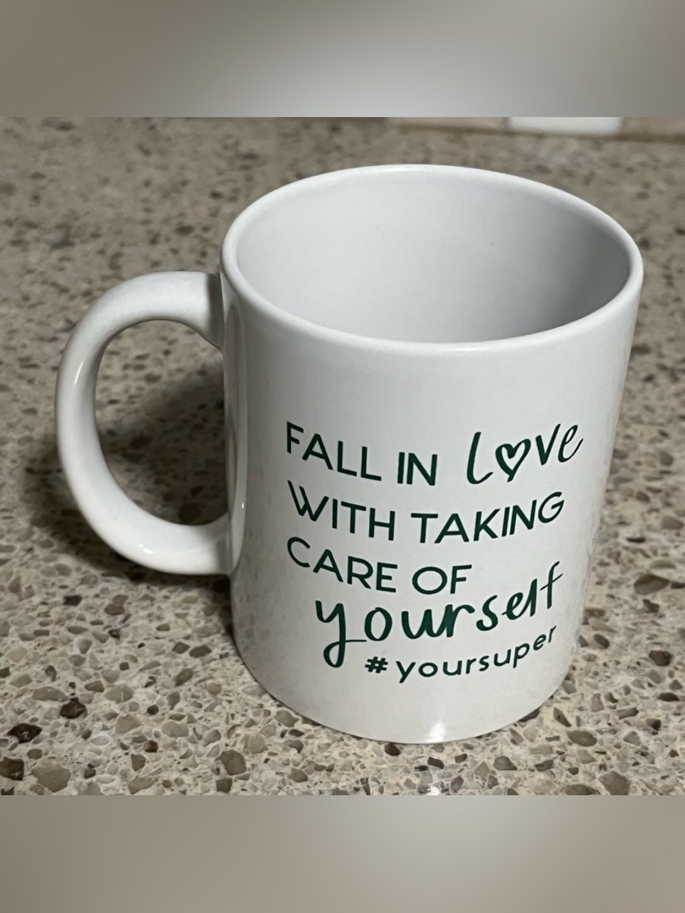 White Ceramic Mugs, lot of 2, ‘YourSuper’ brand, Green Inspirational Quote, NWOT - Picture 2 of 6